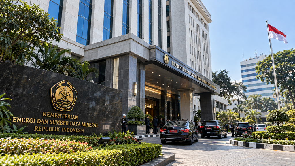 Fasad Gedung Kementerian ESDM di Jakarta yang menjadi pusat operasional Menko Hilirisasi dan Transisi Energi.