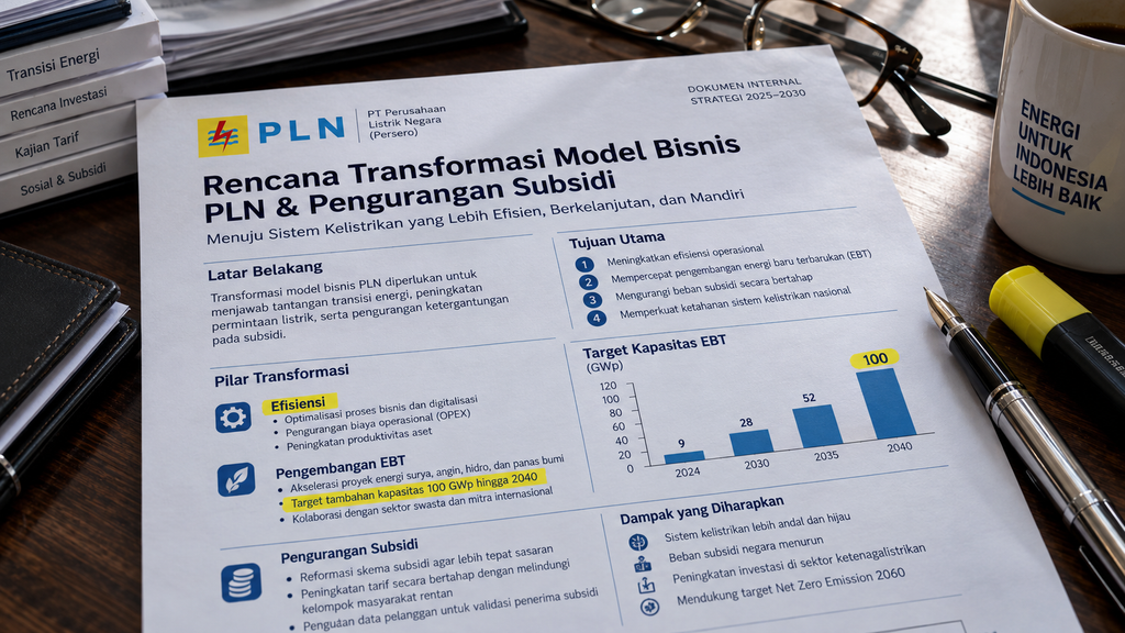 Lembar cetak dokumen kerangka kerja untuk pembenahan model bisnis dan pengurangan subsidi yang diusulkan bagi PLN.