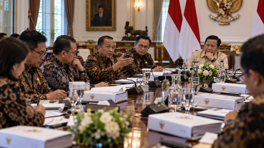 Suasana rapat terbatas kabinet di Istana Kepresidenan membahas peta jalan transisi energi dan hilirisasi nasional.
