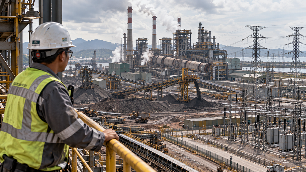 Kawasan industri pengolahan smelter nikel terintegrasi dengan instalasi pasokan transmisi daya listrik bertegangan tinggi.