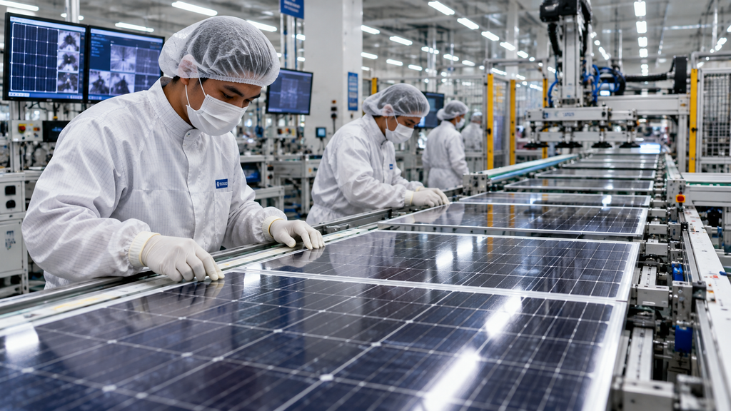 Pekerja teknisi di dalam pabrik manufaktur cleanroom merakit sel fotovoltaik surya berstandar TKDN tinggi.